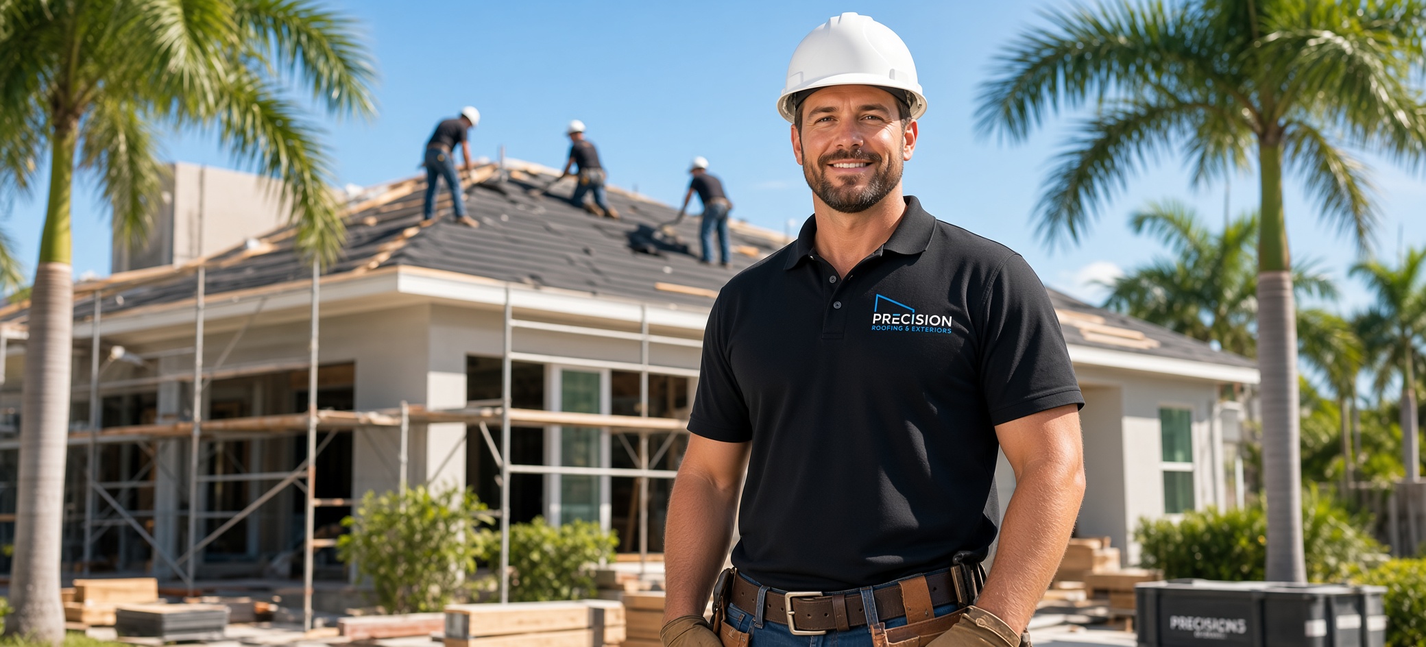 Precision Roofing supervisor on a Tampa Bay job site with crew installing a new roof
