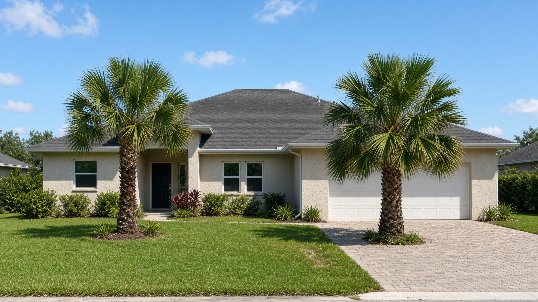 Architectural asphalt shingle roof on a Wesley Chapel Florida home with palm trees
