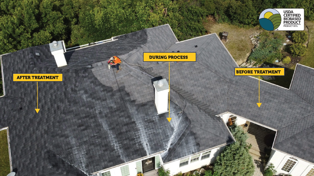 Aerial of soy-oil roof rejuvenation being applied to an asphalt shingle roof in Tampa Bay