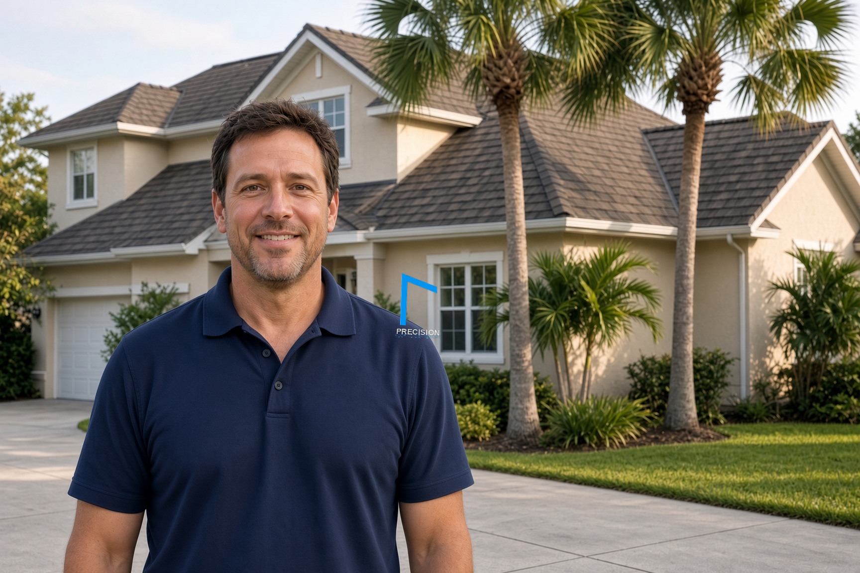 Precision Roofing contractor in a branded polo in front of a completed Florida home